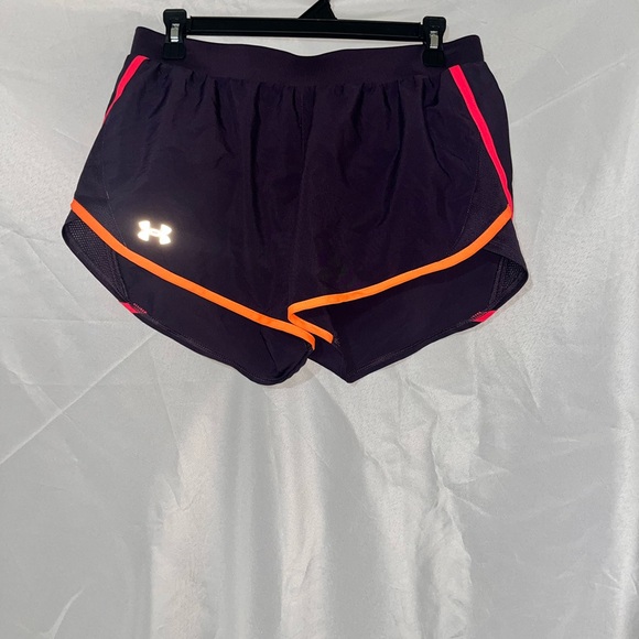 Under Armour Pants - Under Armour Women's Purple Running Shorts with Neon Orange and Pink Accents